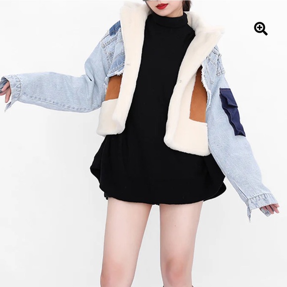 SHE’S GOKE Women's Blue Denim and Cream Sherpa Jacket SIZE L - Picture 3 of 10